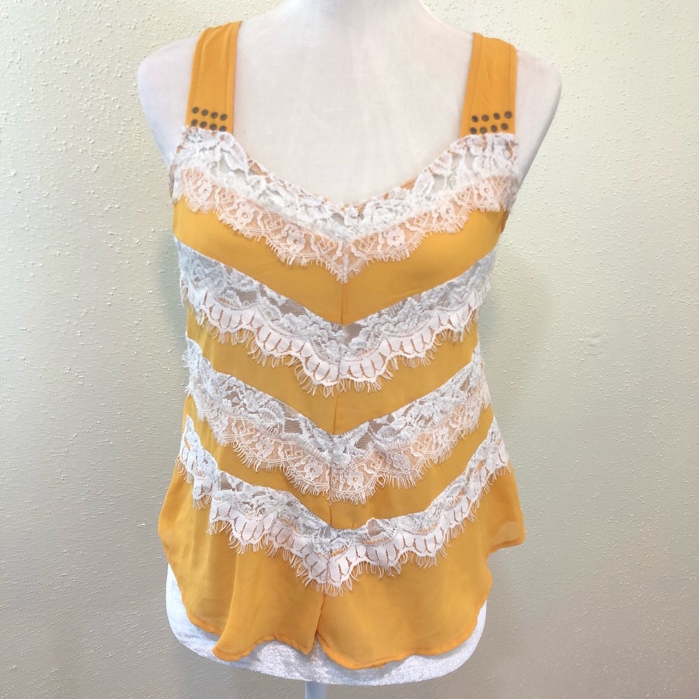 Margo & Sebastian Sheer Yellow Lace Tank